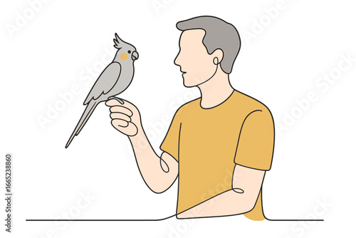 Person interacts with a cockatoo perched on their finger in a comfortable indoor setting during the day