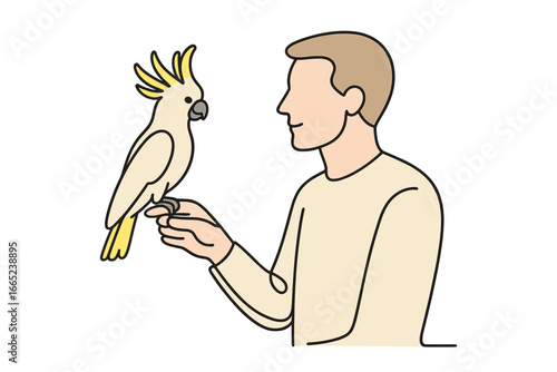 Man interacts with a cockatoo in a friendly manner at home in the afternoon sun