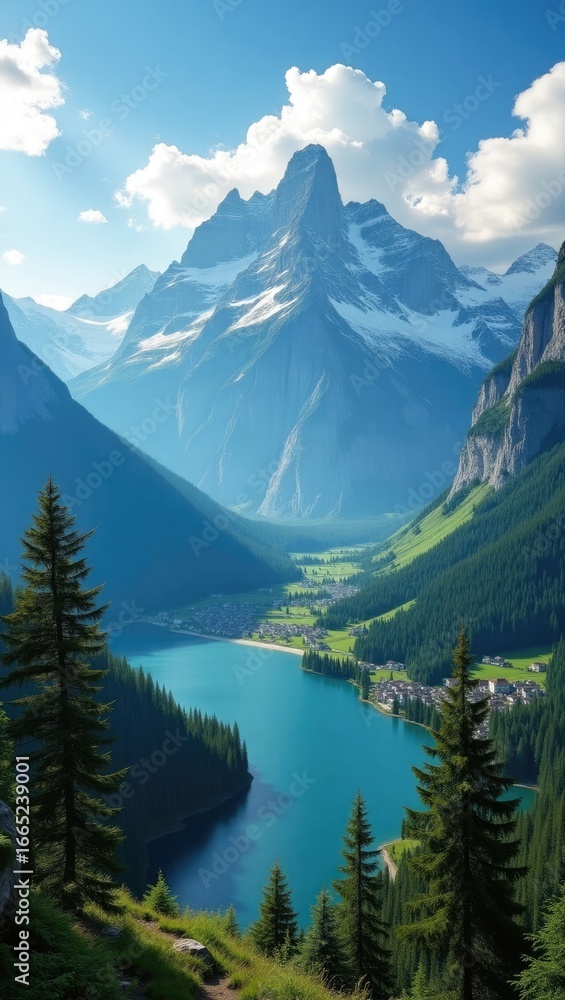 Obraz premium Picturesque alpine lake nestled amidst towering mountains.