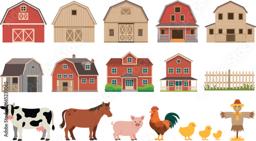 Colorful vector farm scene with barns, animals, houses, fences, and rural elements for agriculture, countryside lifestyle, and educational design.