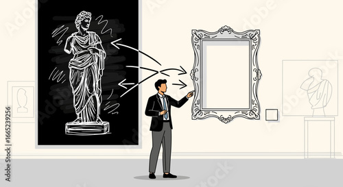 Conceptual presentation of art evolution in gallery exhibition space with guide man
