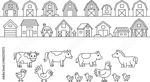 Farm animals and barn house vector set with cute cartoon style, ideal for children’s educational materials and agricultural themed designs.