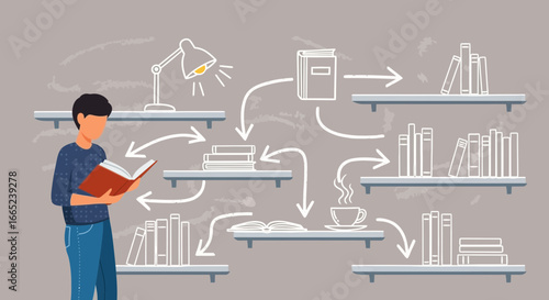 Conceptual reading journey illustration with bookshelves and guiding arrows design