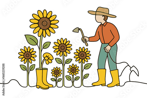 Gardener tending to vibrant sunflowers in a sunny garden during springtime