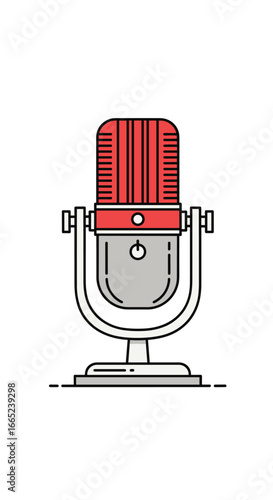 Vintage red studio microphone with classic retro design and metallic stand for audio recording and broadcasting