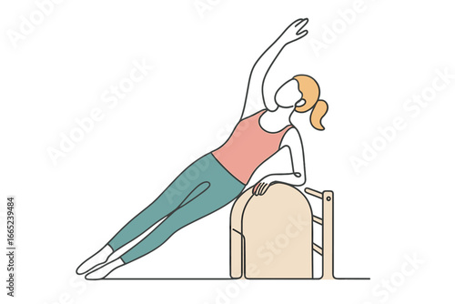 Fitness enthusiast practicing a side plank exercise using a reformer in a bright studio during the morning hours