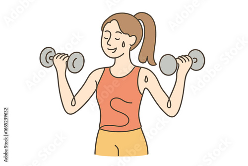 Young woman enjoying a workout with dumbbells in a home gym setting during daytime