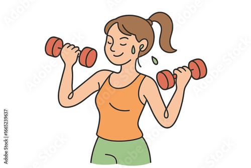 Young woman exercises with dumbbells in a home gym setting while enjoying a focused workout session