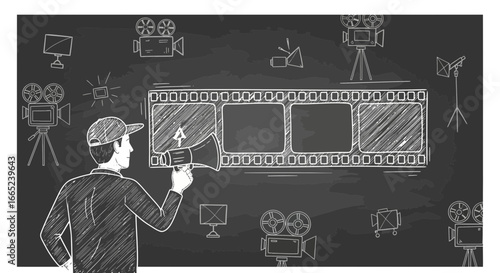 Film director holding megaphone in hand drawn style on chalk board cinematic concept