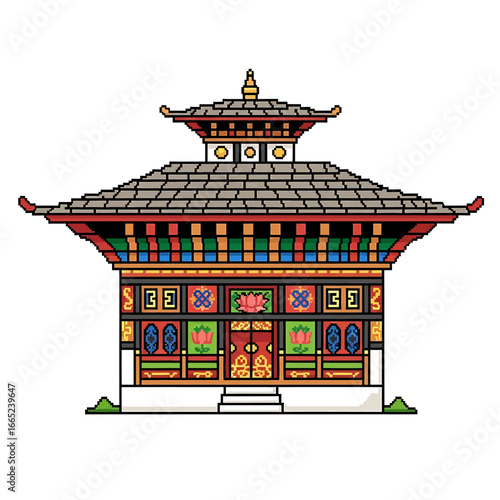 Pixel art illustration of a traditional Bhutanese building with intricate details and vibrant colors.