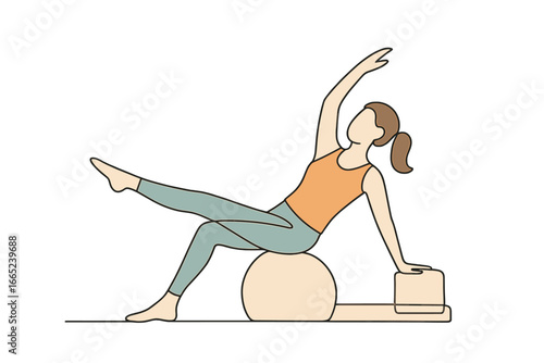 Woman performing balance exercise using a ball and block at home in a minimalist setting during daytime