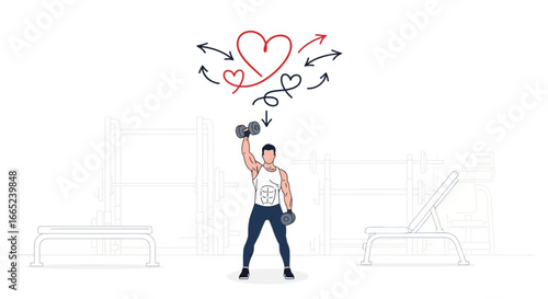 Fitness and love a muscular man lifting weights with hearts and arrows above him showing love and