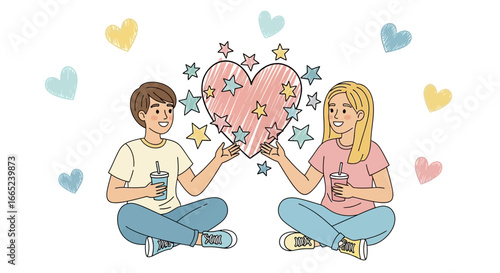 Couple sharing drinks and holding heart filled with stars, celebrating love and happiness in a
