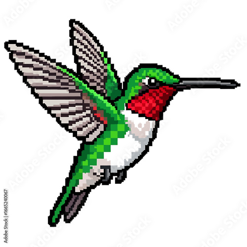 Pixelated hummingbird in flight, showcasing vibrant green, red, and white plumage against a clear background.