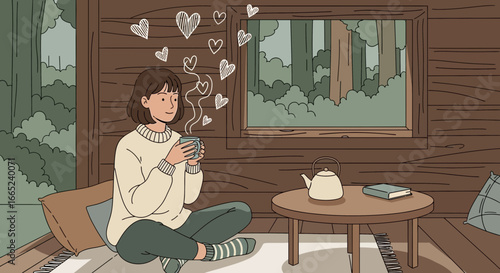 Cozy cabin retreat: A serene moment with tea and nature's embrace in the woods