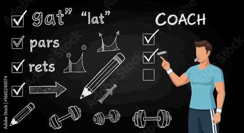 Fitness coach explaining workout plan with chalk drawings on blackboard illustrating exercises