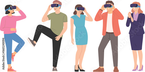 Diverse group of people experiencing virtual reality with headsets, exploring immersive digital worlds and futuristic technology.