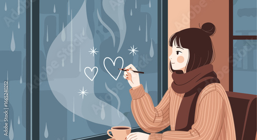 Cozy Rainy Day: A Girl's Delightful Moment of Drawing Hearts on the Window