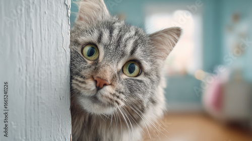 Curious gray cat peeking around a corner indoors.
