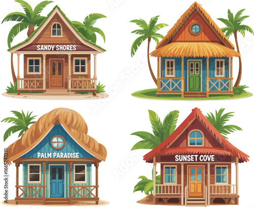 Tropical beach bungalows with palm trees and colorful roofs for vacation, resort, travel, summer holiday, island paradise vector illustration