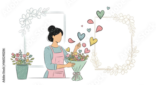 Florist creating love bouquet in atelier with floral frame decoration design