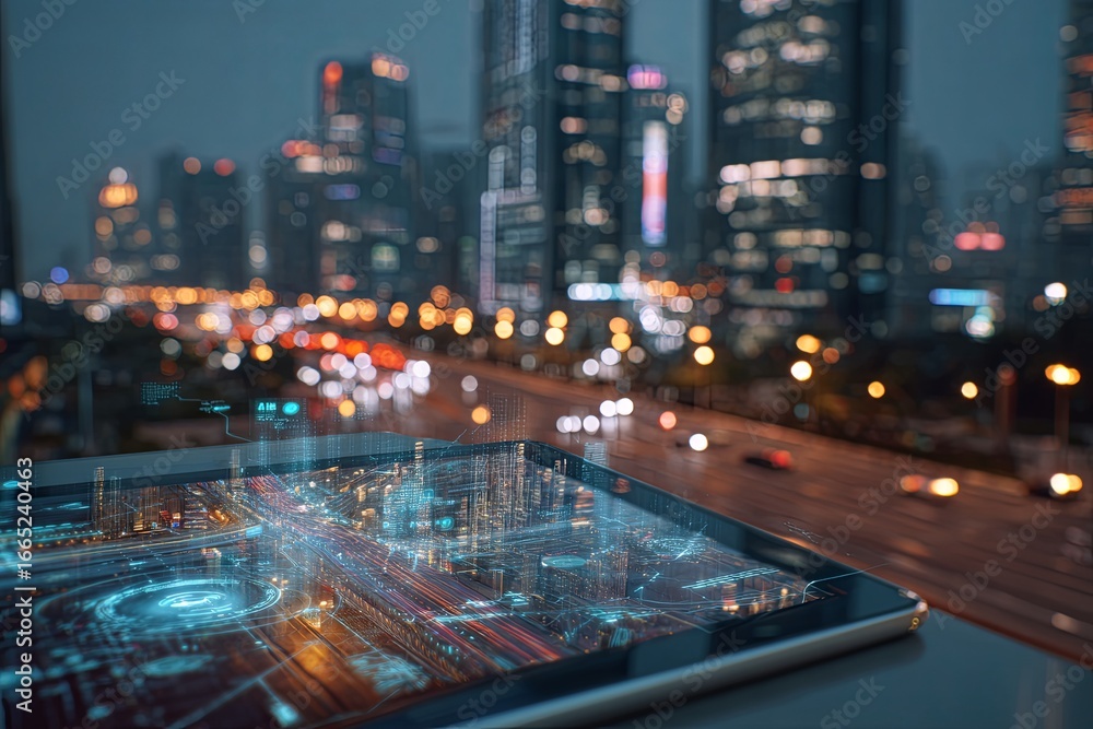 Obraz premium Futuristic technology concept with artificial intelligence, data, and security represented on a digital tablet in a modern city environment