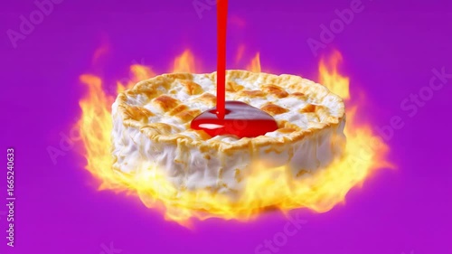 Flaming cheese wheel dripping with red sauce on vibrant purple background