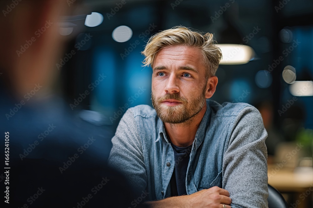 Obraz premium Young man engaged in a creative discussion during a meeting in a modern office space, demonstrating collaboration and innovative thinking