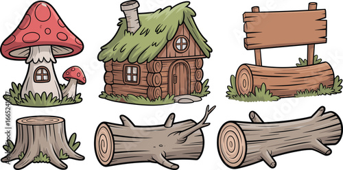 Whimsical forest cartoon set with mushroom house, wooden cabin, tree stumps, logs, and fantasy nature signs in vector illustration.
