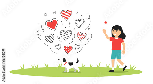 Girl playing with her dog and a ball while hearts of love float around them