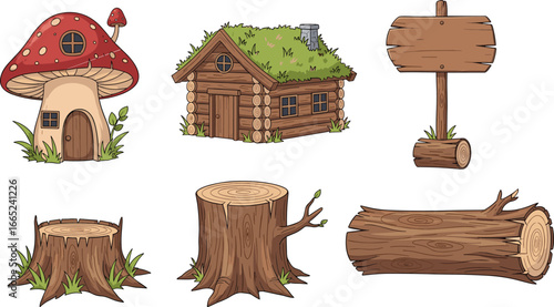 Whimsical forest vector set with mushroom house, log cabin, tree stumps, wooden signs, fantasy nature elements for storytelling scenes