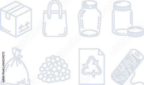 Outline Icons of Box, Bag, Jars, Balls, Recycle Paper and Wire Coil on White Backdrop