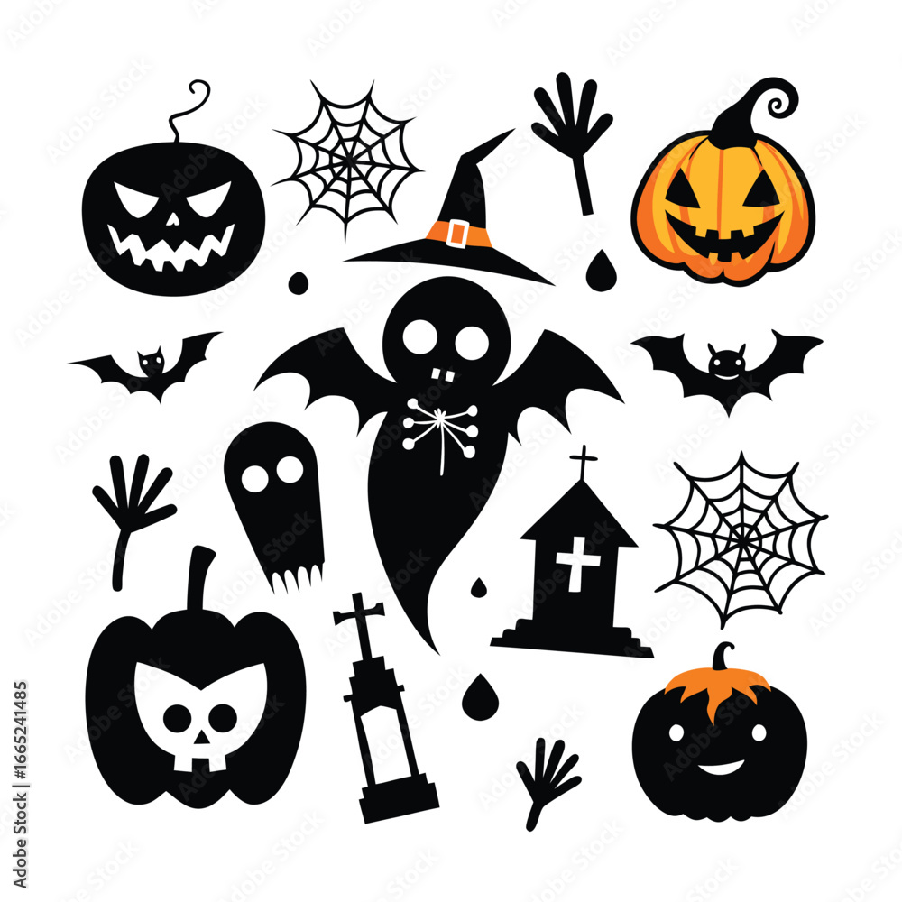 Fototapeta premium A scary Halloween pumpkin vector set with spooky bat and cat silhouettes 