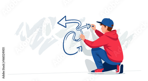 Graffiti artist drawing arrows on a wall creating urban street art style vector illustration