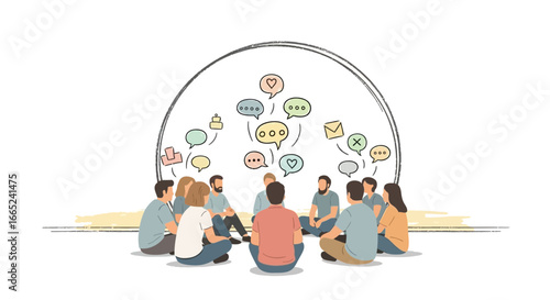 Group communication therapy session with diverse people sharing ideas and thoughts