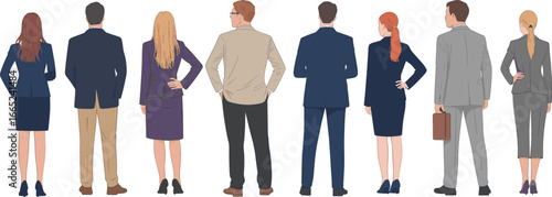 Group of diverse business professionals standing with their backs to the viewer, representing corporate team and leadership perspectives.