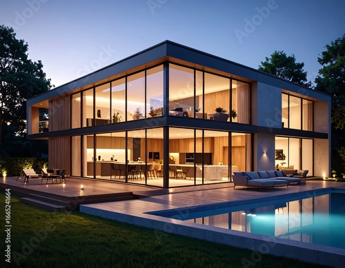 Spectacular modern luxury house with a swimming pool and illuminated interior at dusk  showcasing architectural design and a cozy evening atmosphere.