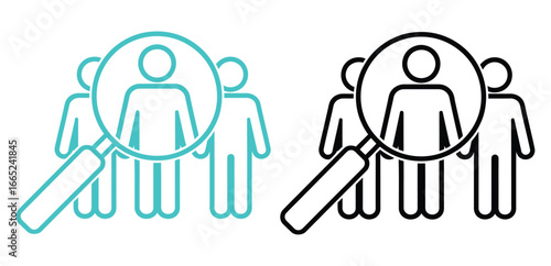 Illustration of a recruitment process with a magnifying glass focusing on a person in a group, , representing human resources and job search