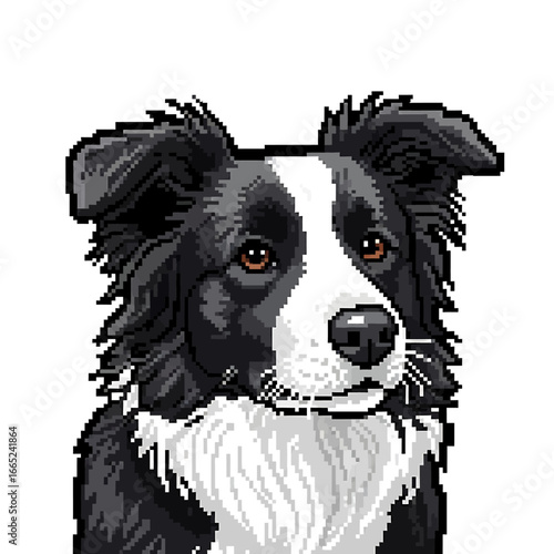 Pixel art portrait of a Border Collie dog, showcasing its distinctive markings and expressive eyes.