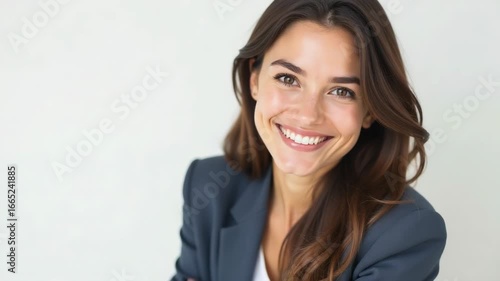 A professional woman in a business suit smiling directly at the camera, conveying confidence and friendliness
