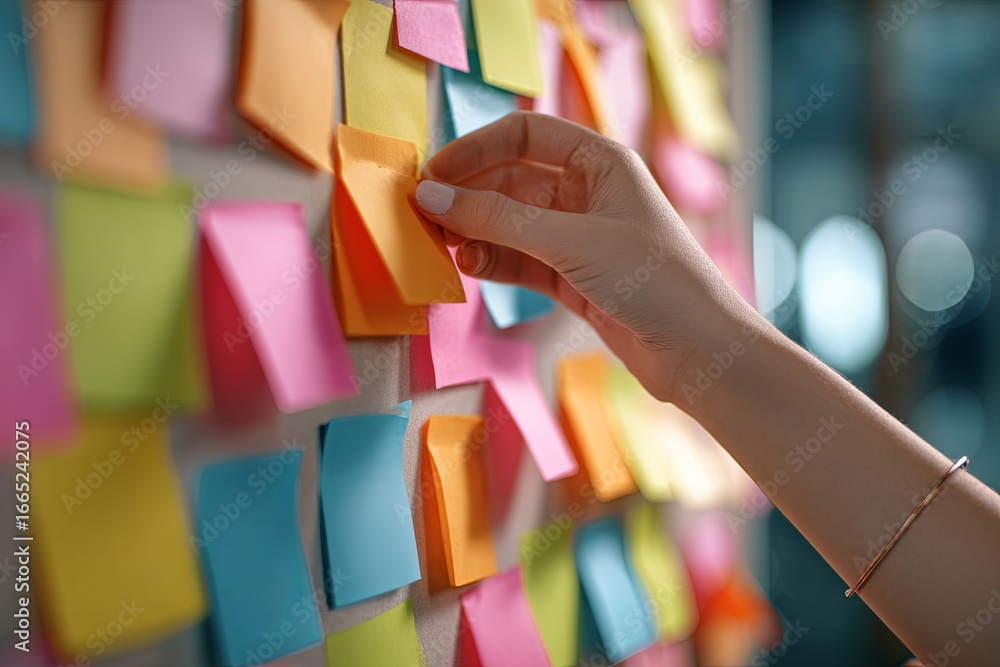 Fototapeta premium Hands Placing Colorful Sticky Notes on a Wall for Organization and Brainstorming in a Creative Workspace Environment