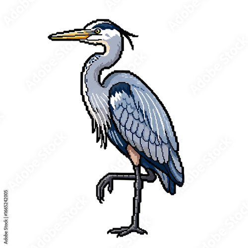 A detailed illustration of a great blue heron standing on one leg, showcasing its plumage and long beak.