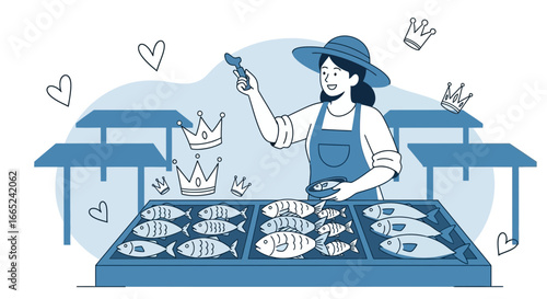Hand Drawn Fish Market Illustration with Woman Selecting Fish and Crown Details