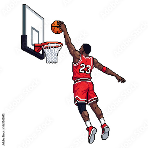 A basketball player in red uniform performing a powerful slam dunk, mid-air.