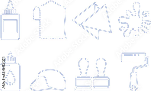 Outlined Art Supplies Glue, Masking Tape, Envelopes, Paint Splatter, Stamps and Roller