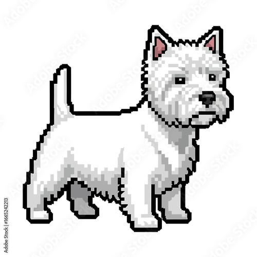 Pixelated image of a white West Highland Terrier dog standing on a white background.