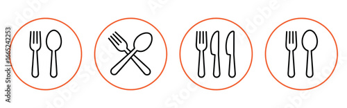 Vector art of collection of cutlery illustrations, featuring forks, spoons, and knives arranged in circular designs for dining and restaurant themes