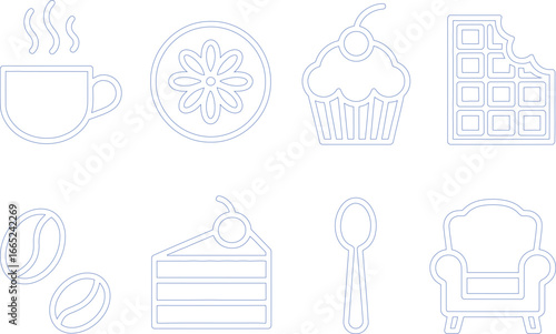 Outlined Coffee Cup, Cookie, Cupcake, Chocolate, Beans, Cake Slice, Spoon, Armchair