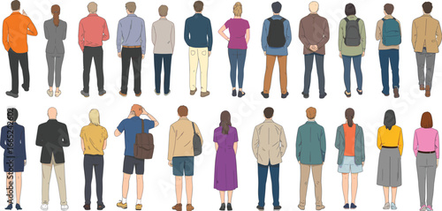 Diverse group of people standing with their backs turned, showcasing a crowd or audience from behind, representing unity and anonymity.