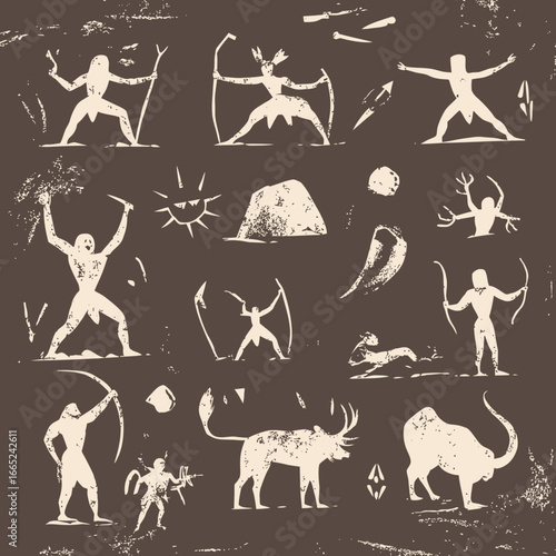 prehistoric primitive cave painting hunters bow arrows wild animals sun stone ancient tribal petroglyphs rock sketch illustrations set in minimalist flat style vector